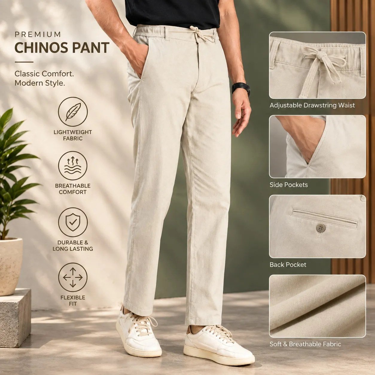 Relaxed fit drawstring chinos – drawstring waist, side and back pockets, soft breathable fabric