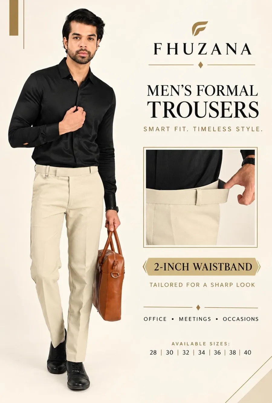 Fhuzana men's formal trousers – smart fit with 2-inch stretchable waistband, sizes 28 to 40