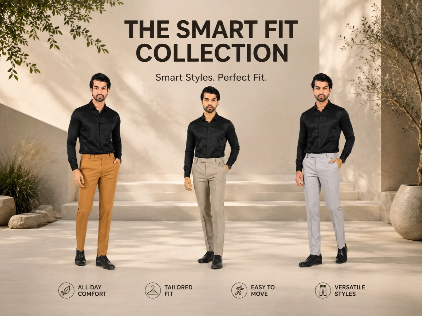 The Smart Fit Collection – formal trousers in mustard, taupe and light grey