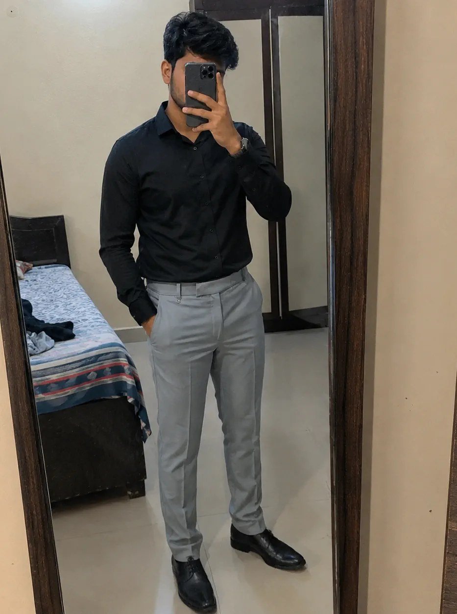 Customer Ajay Mishra wearing Fhuzana light grey formal trousers