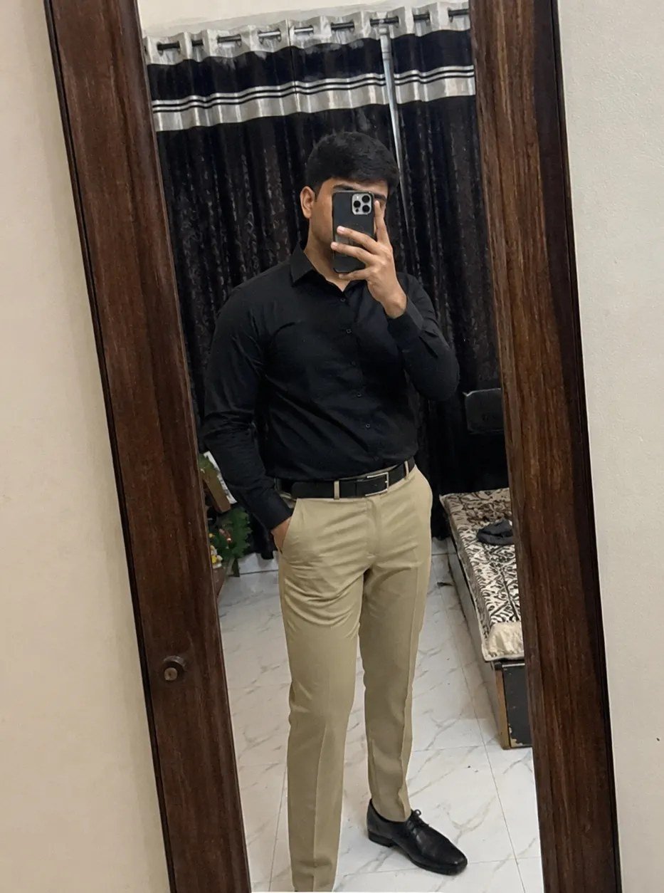 Customer Sahil Sinha wearing Fhuzana beige formal trousers